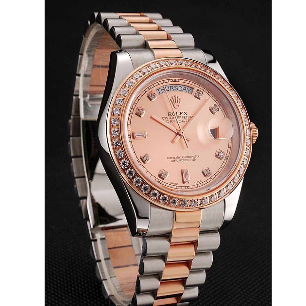 Aaa replica watch Rose Steel And Staineless Swiss Diamonds Bezel Rolex Day-Date Bracelet Gold 1454107 0803